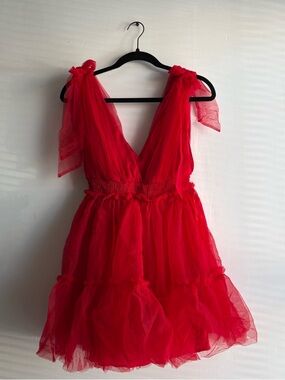 Red Tulle V-Neck Mini Dress